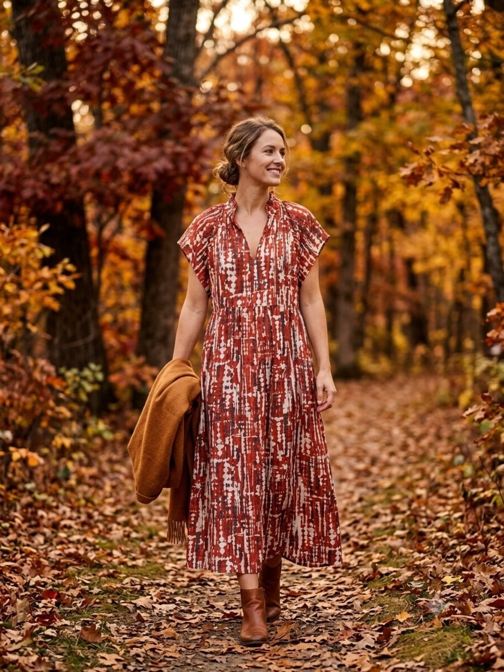 THML Rust & Cream Patterned Midi Dress